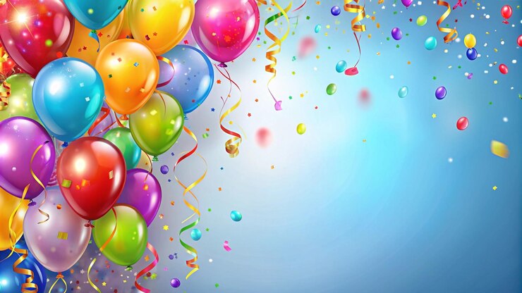 Gratis Foto kleurrijke ballonnen en confetti op blauwe achtergrond