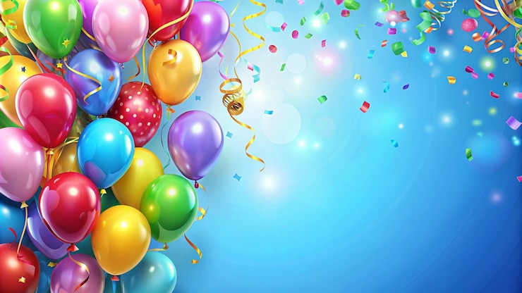 Gratis Foto kleurrijke ballonnen en confetti op blauwe achtergrond