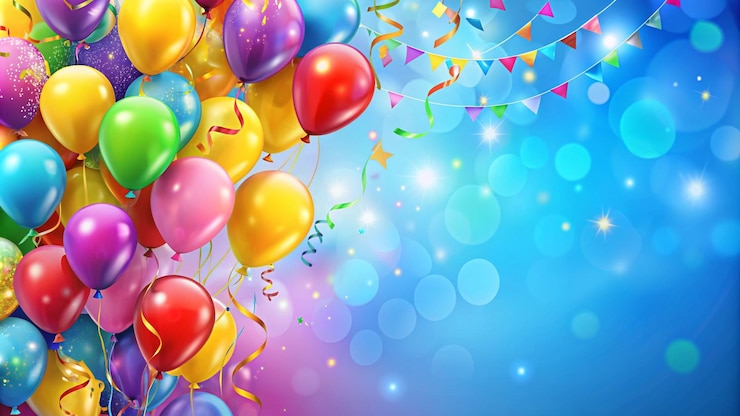 Gratis Foto kleurrijke ballonnen en confetti op blauwe achtergrond