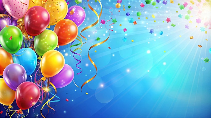 Gratis Foto kleurrijke ballonnen en confetti op blauwe achtergrond