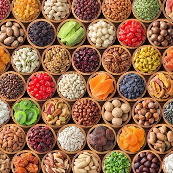 Kleurrijke collage van noten en gedroogd fruit, diverse gezonde voeding achtergrond.