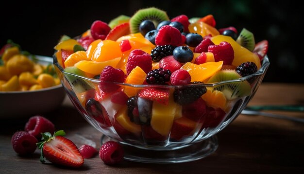 Gratis foto kleurrijke fruitsaladekom met gezonde bessen en zoete yoghurt gegenereerd door ai
