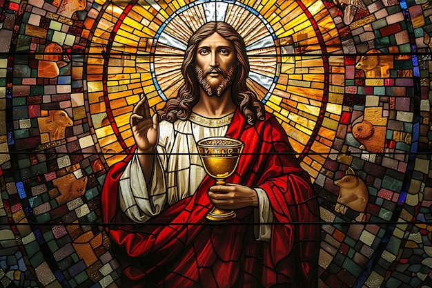 Gratis foto kleurrijke glas-in-lood met heilige communie scène