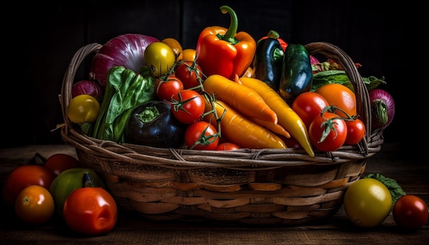 Kleurrijke groentemand toont een overvloed aan verse boerderijproducten gegenereerd door AI