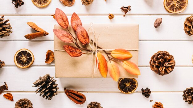 Kleurrijke herfst samenstelling met cadeau op witte houten achtergrond