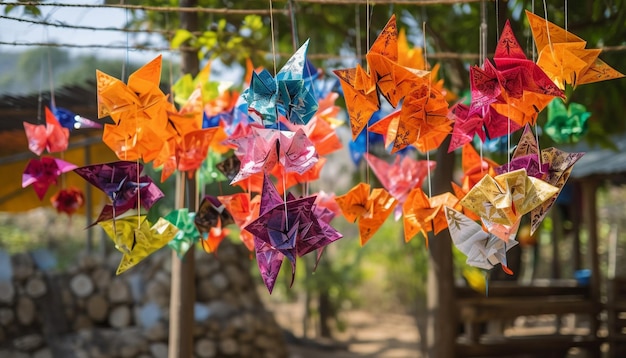 Kleurrijke origamivogels hangen aan een boom in een bos.