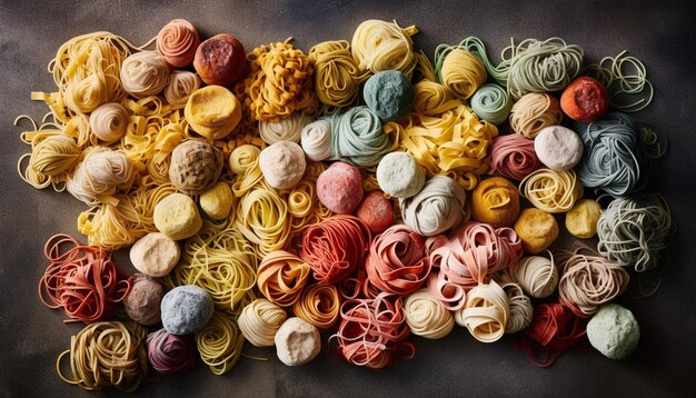 Gratis foto kleurrijke pastastapel genaaid met veelkleurige draad gegenereerd door ai