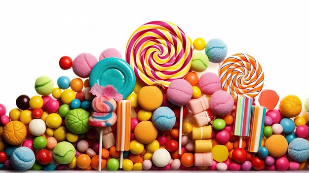 Kleurrijke snoepjes, chocolade en lolly's vormen een speels mozaïek op een witte achtergrond