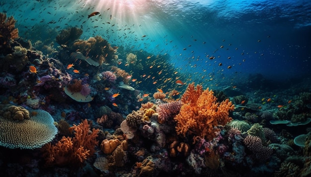 Kleurrijke vissen zwemmen in idyllisch onderwaterrif gegenereerd door AI