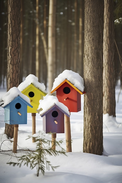 Gratis foto kleurrijke vogelhuisjes buitenshuis