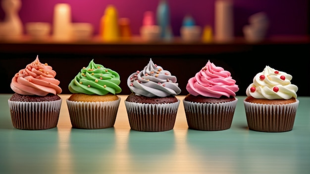 Kleurrijke zoete cupcake-desserts met glazuur erop