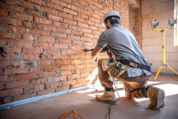 Klusjesman op een bouwplaats tijdens het boren van een muur met een perforator