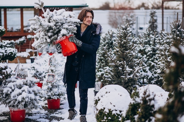 Knappe man die een kerstboom kiest