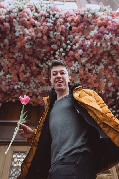 Knappe man heeft een bloem, roze tulp aan vriendin voor valentijnsdag.