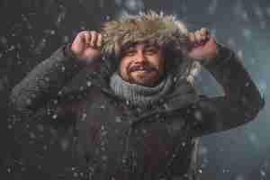 Gratis foto knappe man in sneeuwstorm