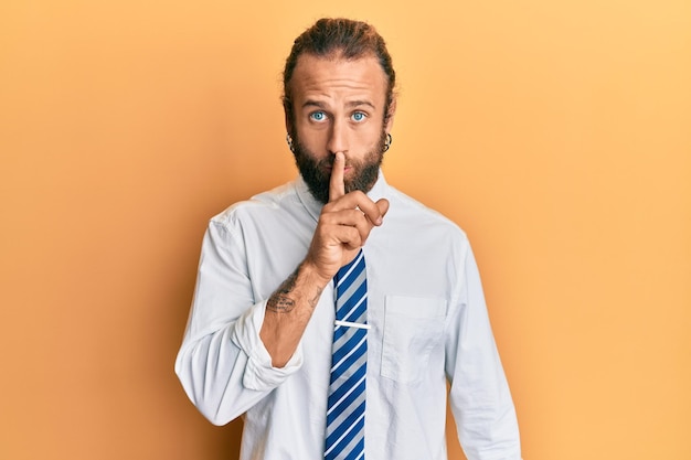 Knappe man met baard en lang haar in zakelijke kleding die vraagt om stil te zijn met de vinger op de lippen. stilte en geheim concept.