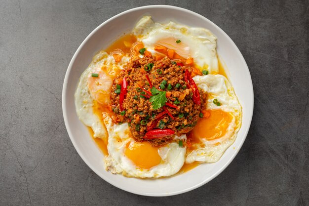 Knapperige omelet gegarneerd met gehakt en gemengde groentesaus