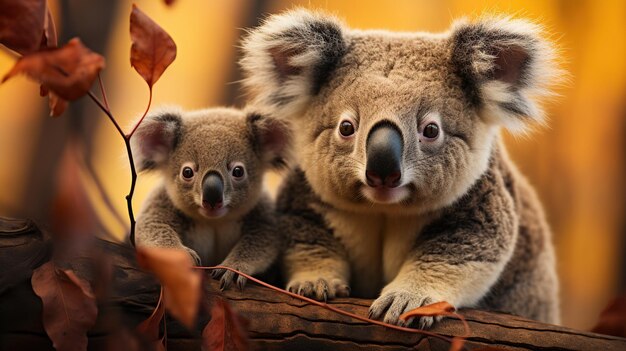 Koala-moeder en haar baby op een tak met herfstbladeren