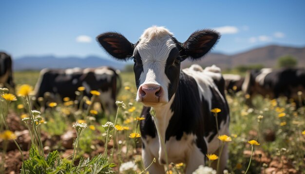 Koeien die grazen in een groene weide een schilderachtig landelijk landschap gegenereerd door kunstmatige intelligentie