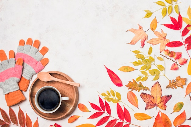 Gratis foto koffie en handschoenen met herfstbladeren kopiëren ruimte