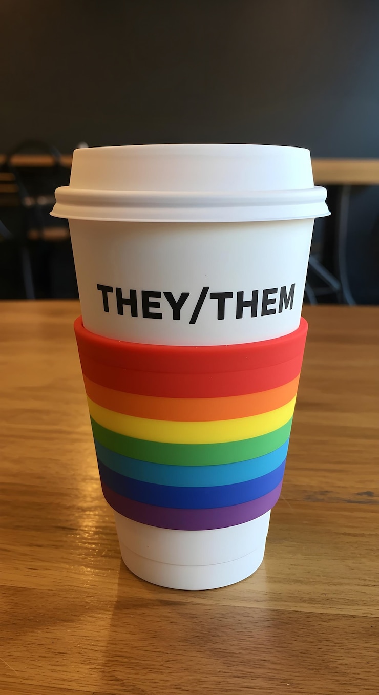 Gratis Foto koffiebeker met een zij-zij-voornaamwoord en regenboogkleuren