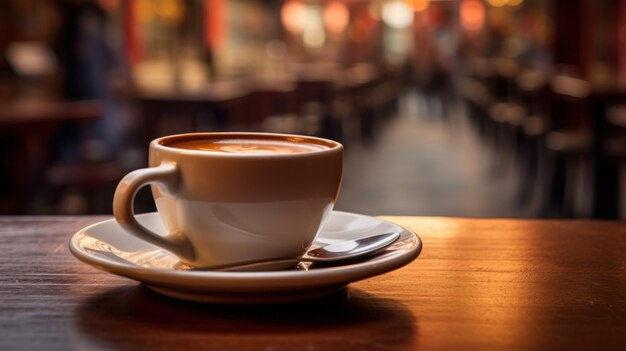 Koffiebeker steekt eruit in een zacht gefocust café-achtergrond