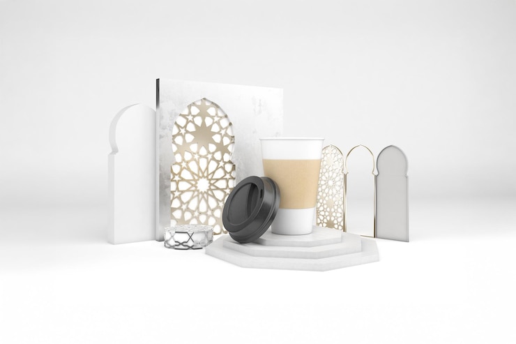 Gratis Foto koffiekop en arabeske decoratie voor de ramadan