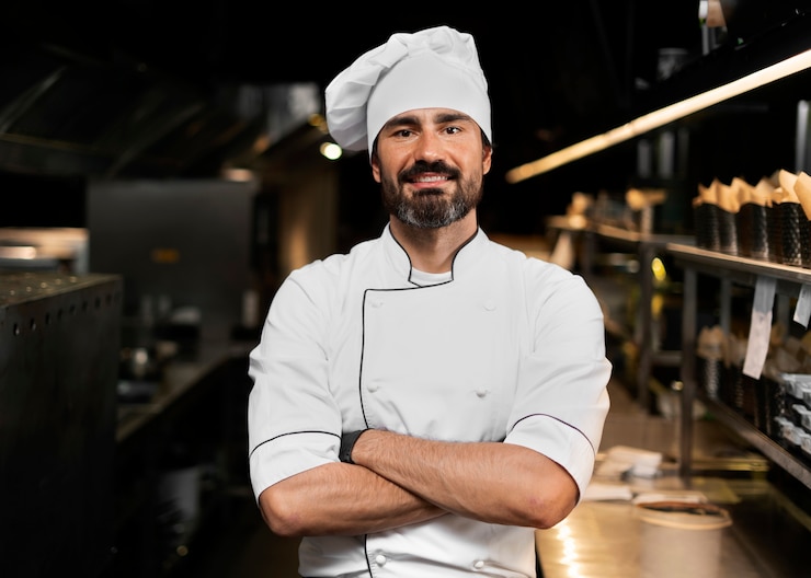 Gratis Foto kok die in de keuken kookt in professionele kleding