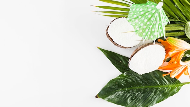 Gratis foto kokosnoten en cocktailparaplu