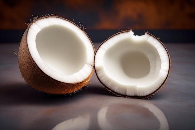 Kokosnoten worden doormidden gesneden en de binnenkant is de helft van de kokosnoot.