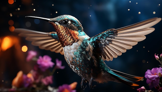 Gratis foto kolibrie vliegt met levendige veren close-up van natuurschoon gegenereerd door kunstmatige intelligentie