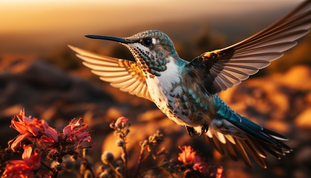 Kolibrie vliegt met spreidende vleugels en zweeft bestuivende levendige bloemen gegenereerd door kunstmatige intelligentie