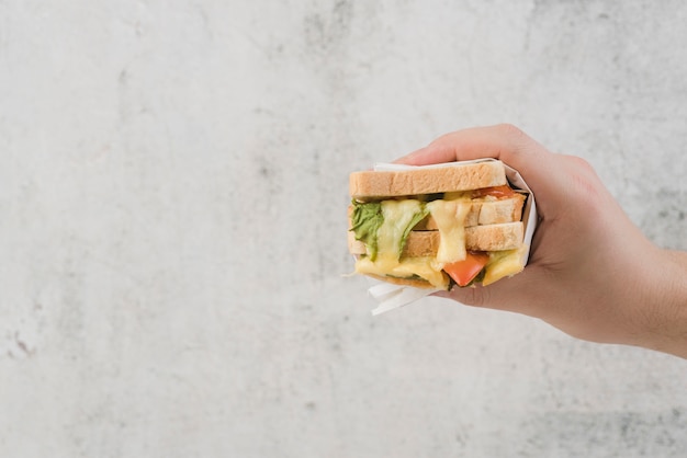 Kopieer-ruimte hand met sandwich