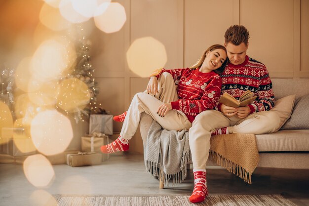 Koppel samen boek lezen bij de kerstboom