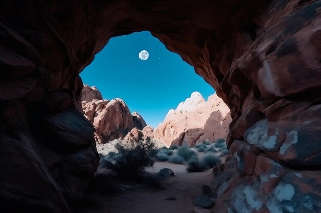 Gratis foto koud blauw berglandschap en maan zichtbaar door rotsachtige boog generatieve ai