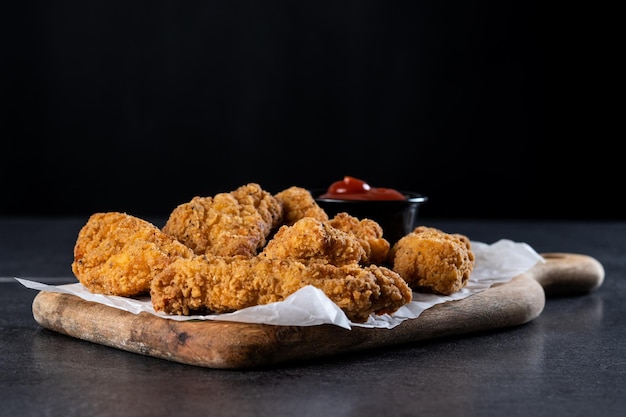 Krokante Kentucky gebraden kip op zwarte leisteenachtergrond