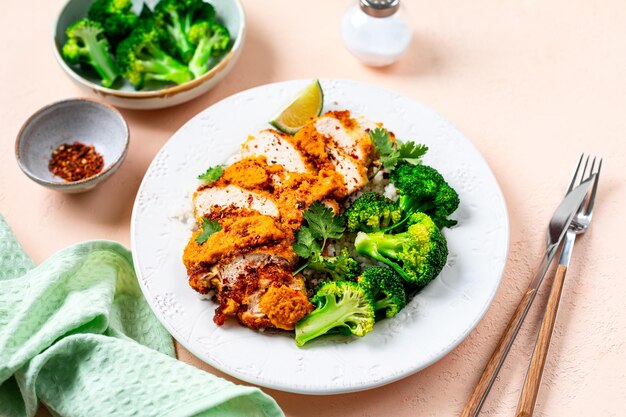 Kruisende kippenvlees met katsu saus met witte rijst en broccoli op een stenen tafel