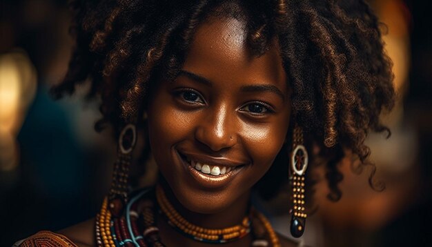 Lachende Afro-Amerikaanse schoonheid straalt vertrouwen en geluk uit, gegenereerd door AI