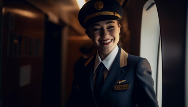 Lachende jonge volwassen blanke vrouw in pak zelfverzekerde stewardess gegenereerd door AI