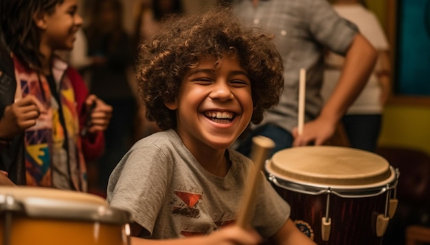 Lachende kinderen die percussie-instrumenten spelen in de klas gegenereerd door AI