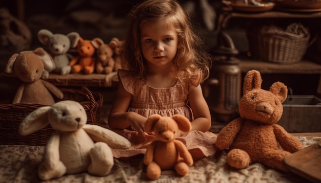 Lachende meisjes spelen met schattige teddybeer gegenereerd door ai