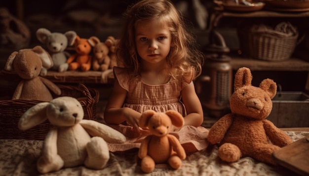 Lachende meisjes spelen met schattige teddybeer gegenereerd door AI
