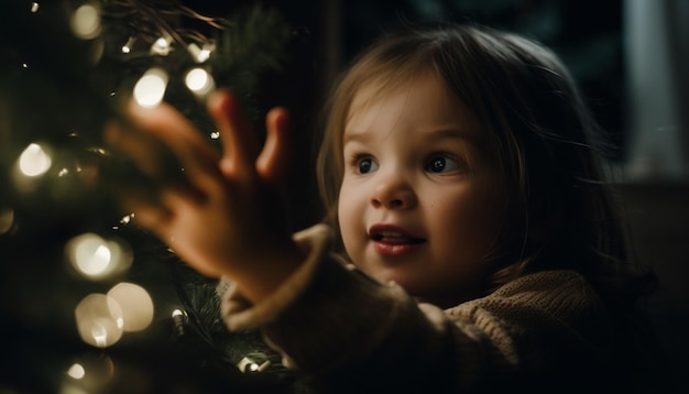 Lachende peuter houdt kerstcadeau vast omringd door familie gegenereerd door AI