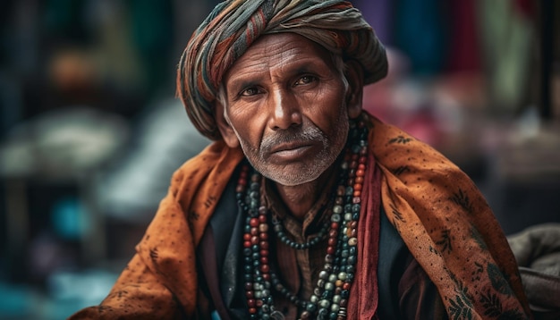 Lachende sadhu die buiten zit in traditionele kleding gegenereerd door AI