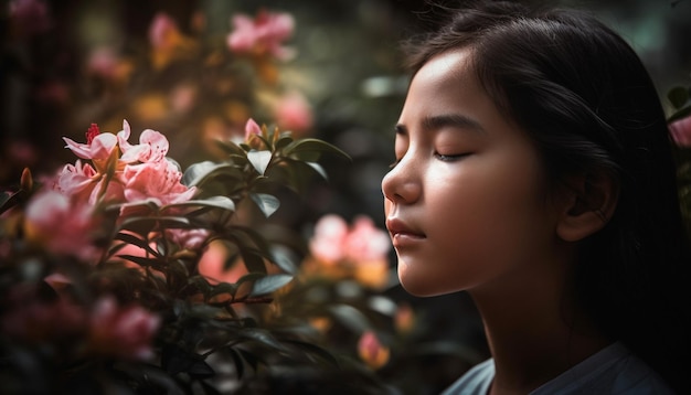 Lachende vrouw omringd door natuurschoon gegenereerd door AI