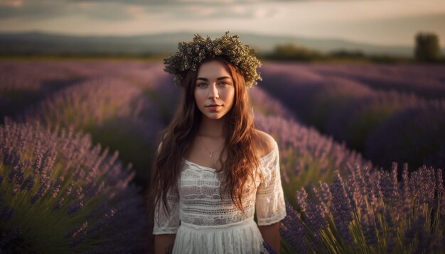 Gratis foto lachende vrouwen houden een geurend boeket vast in de weide gegenereerd door ai