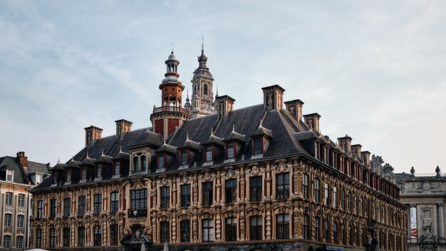 Lage hoek die van de beroemde Vieille Bourse in Lille in Frankrijk is ontsproten