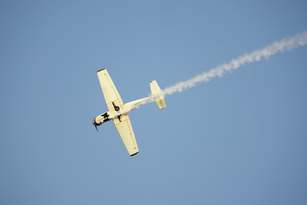 Lage hoek die van een wit vliegtuig is ontsproten dat in de lucht vliegt