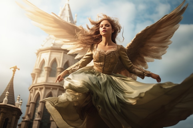 Gratis foto lage hoek vrouw met vleugels vliegen