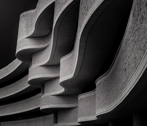 Lage hoekgrijswaarden van een gebouw met moderne brutalistische architectuur onder het zonlicht